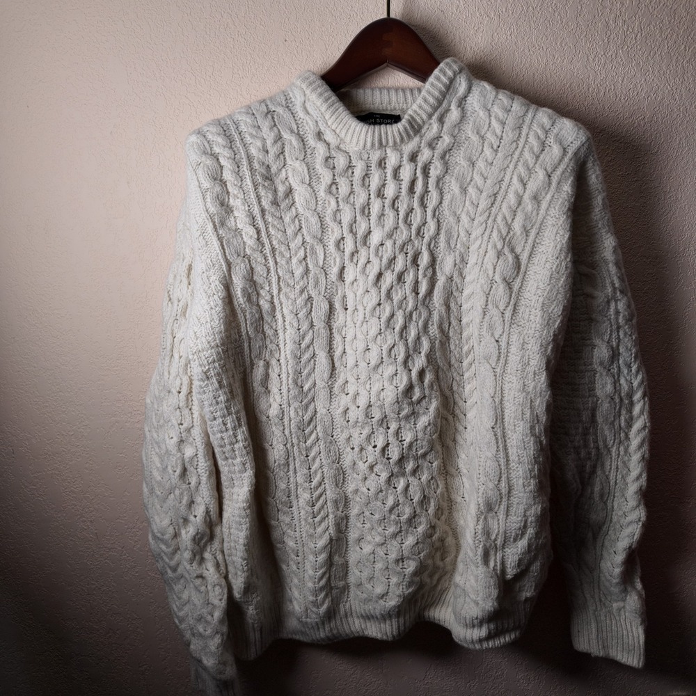 The Irish Store Mens Merino Wool Aran Cable Knit Sweater Cream Made in Ireland L